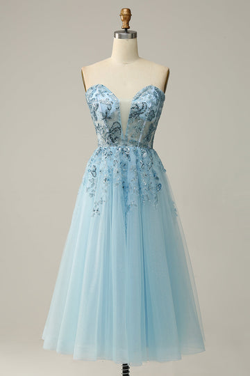 A Line Midi Sweetheart Sequins Sky Blue Ball Dress
